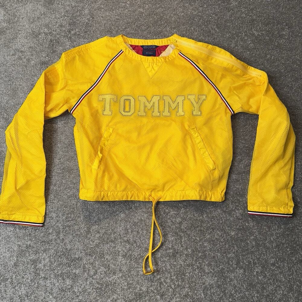 VTG 1999 TOMMY GIRL Hilfiger Jeans Yellow Hip Hop Cropped Mesh Pullover M Y2K